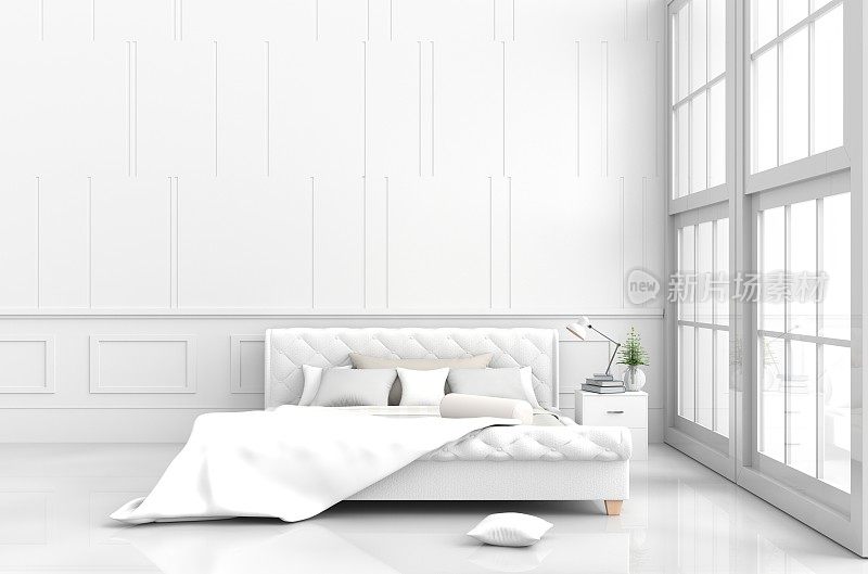 白色的床室装饰以玻璃花瓶、枕头、白色毯子、窗户、天空、灯、书柜、白色的墙壁是图案，阳光透过窗户照进阴影，白色的地板。3 d渲染。